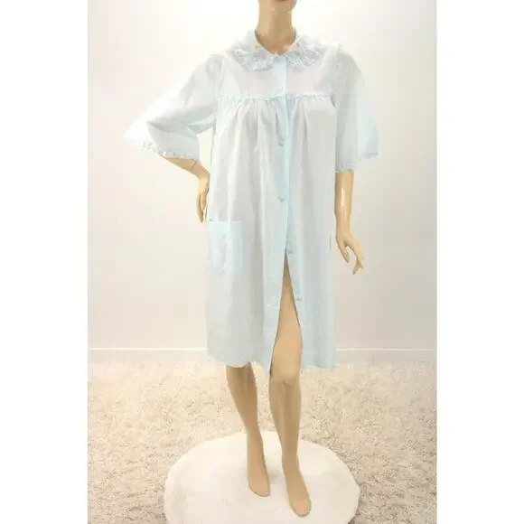 Vintage Sears House coat Robe Blue Cotton Blend Medium Button Front Girly Granny - Picture 6 of 9